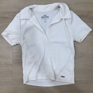 Hollister White Ribbed Collar Polo Shirt, Size XS